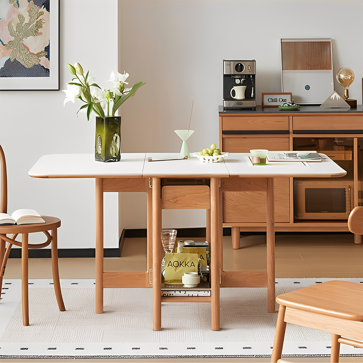 ブナ材 セラミック折り畳みダイニングテーブル