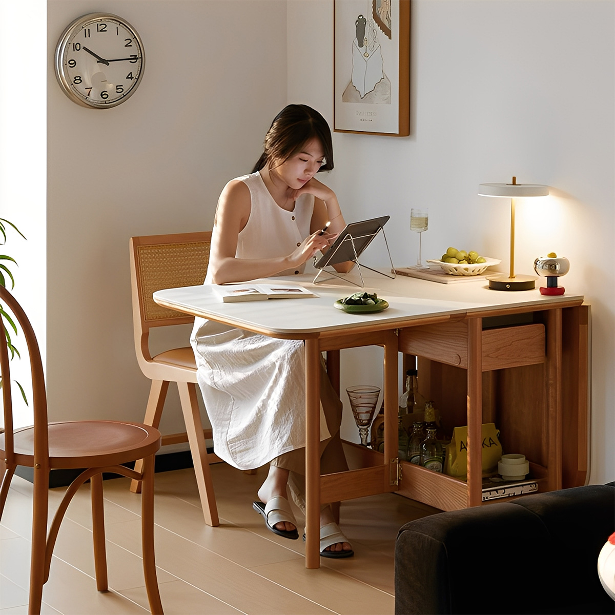 ブナ材 セラミック折り畳みダイニングテーブル