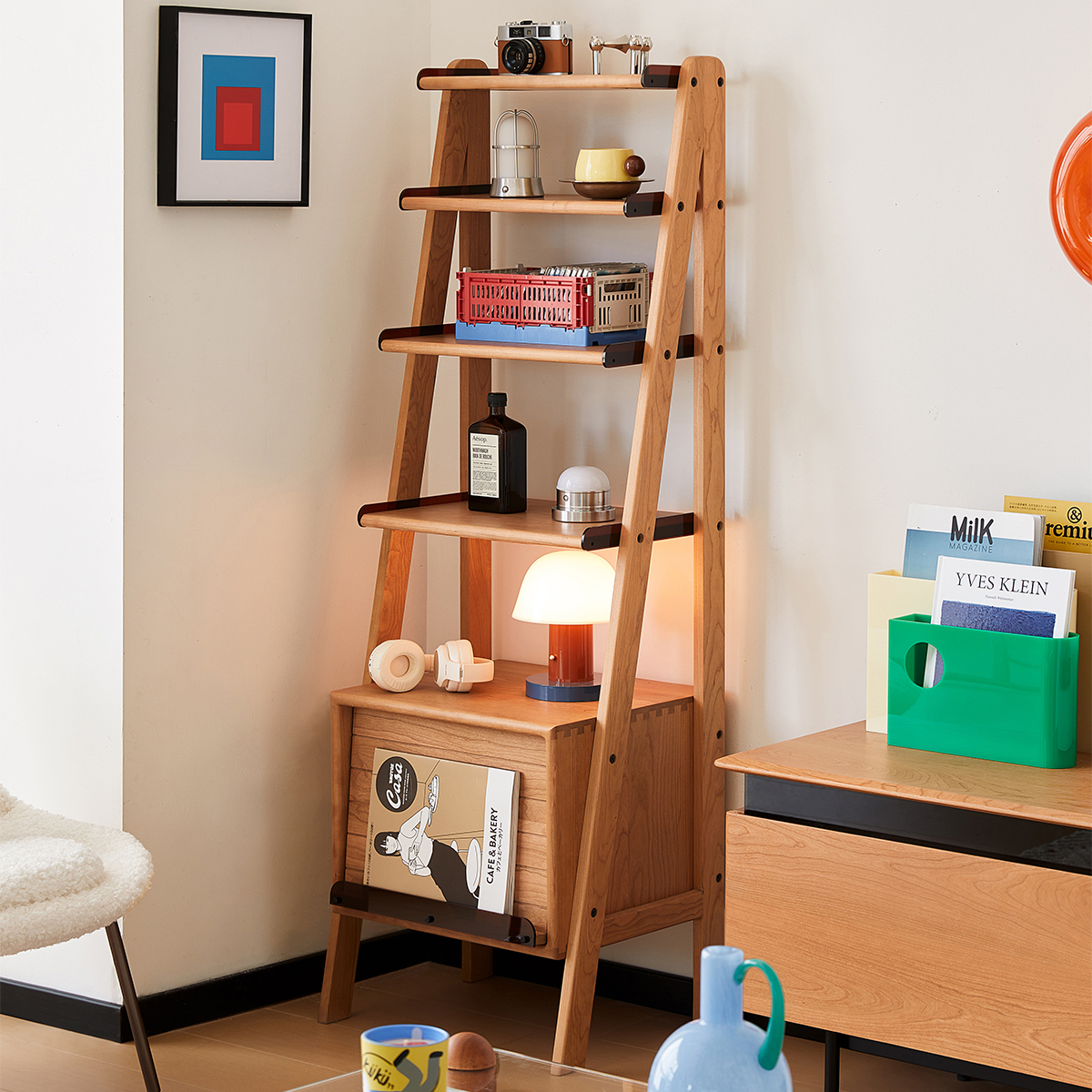 チェリー材 木製オープン収納ラック