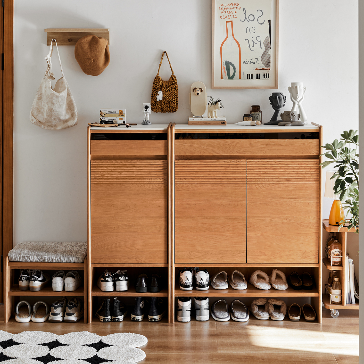 チェリー材 大容量カスタマイズシューズラック