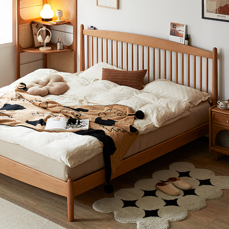 ナチュラル格子デザイン天然木ベッド