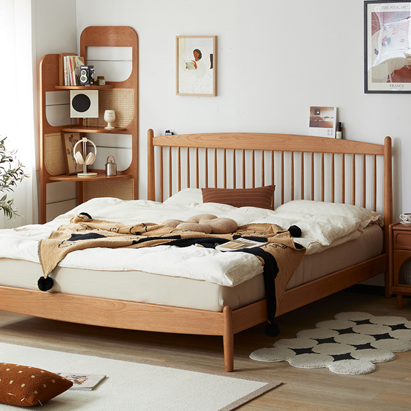 ナチュラル格子デザイン天然木ベッド