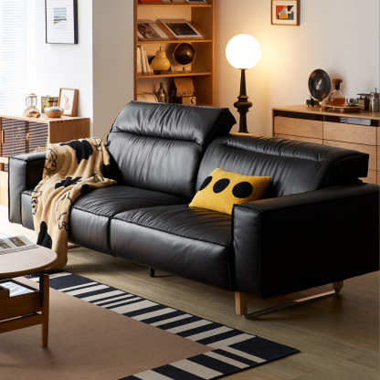 可動式ブラックレザー リビングソファ