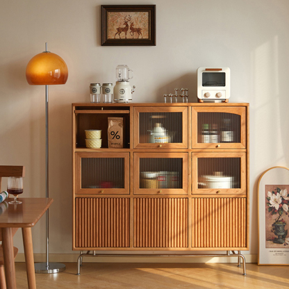 Woody Auraチェリー材 リブガラスアートキャビネット | 透け感と木目が