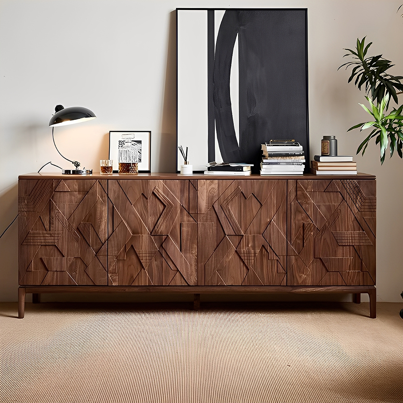 輸入ブラックウォールナットキャビネット | FAS級木材と幾何学模様の