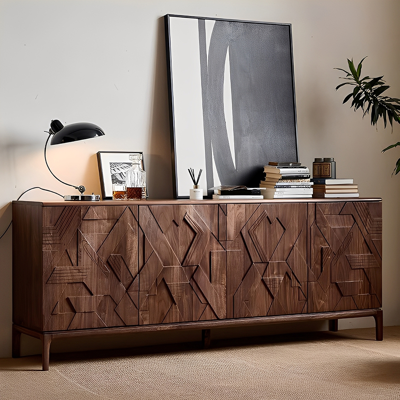 輸入ブラックウォールナットキャビネット | FAS級木材と幾何学模様の