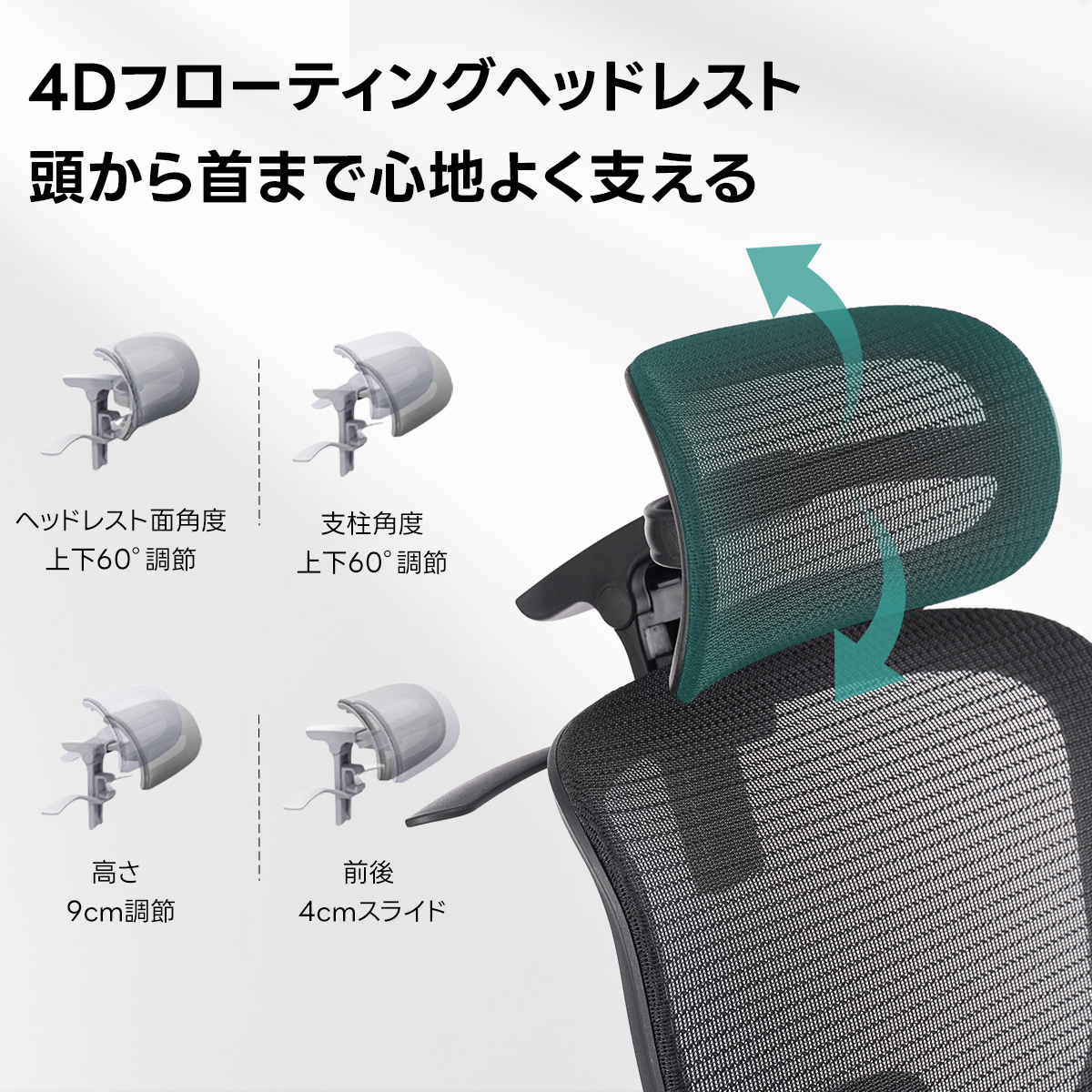 AXISU アクシスエルゴライズオフィスチェア | 快適な長時間作業を実現する調整機能4Dフローティングヘッドレスト頭から首まで心地よく支えるヘッドレスト面角度支柱角度上下60°調節上下60°調節高さ前後9cm調節4cmスライド