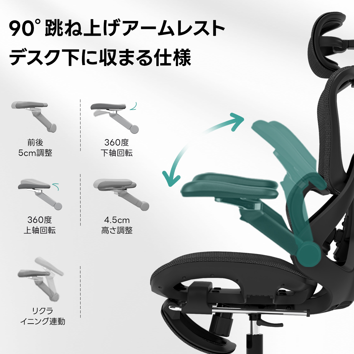 AXISU アクシスエルゴライズオフィスチェア | 快適な長時間作業を実現する調整機能90°跳ね上げアームレストデスク下に収まる仕様前後360度5cm調整下轴回転360度4.5cm上轴回転高さ調整リクライニング連動