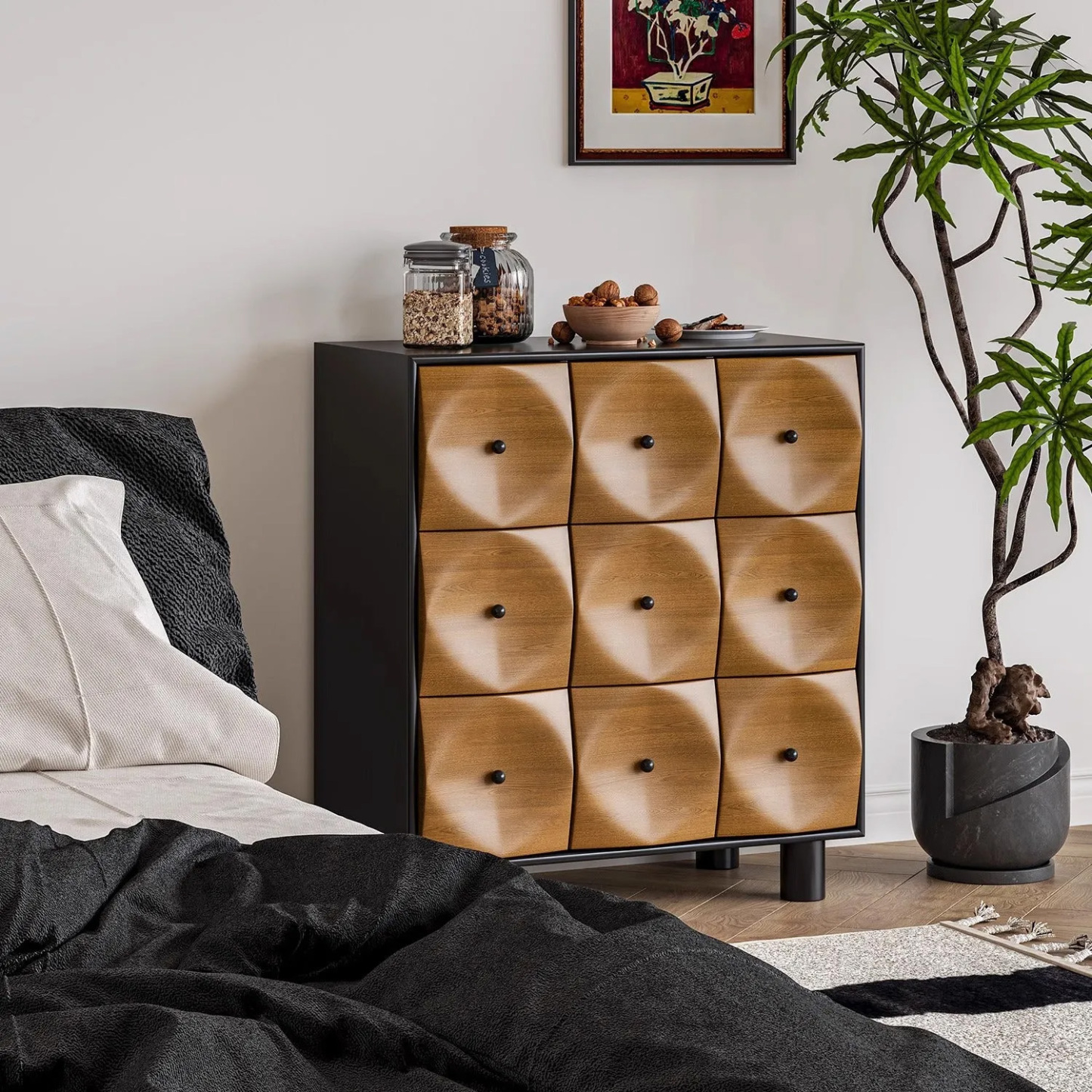 木製九マスデザインチェスト