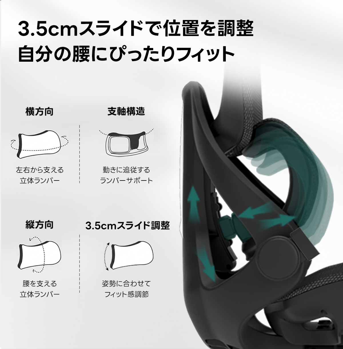 AXISU アクシスエルゴライズオフィスチェア | 快適な長時間作業を実現する調整機能3.5cmスライドで位置を調整自分の腰にぴったりフィット横方向支軸構造左右から支える動きに追従する立体ランバーランバーサポート縦方向3.5cmスライド調整腰を支える姿勢に合わせて立体ランバーフィット感調節