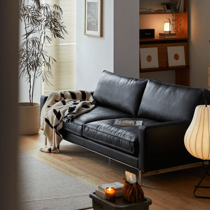 ヴィンテージ風本革ブラッククッションソファ【カスタマイズ可】