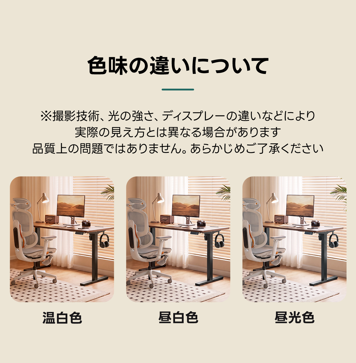 AXISU アクシスモダンデザイン電動昇降デスク｜便利なフック・コンセント・USB・Type-C対応で高さ調節可能なメモリー機能搭載ワークデスク | スタイリッシュな電動昇降機能搭載テーブル色味の違いについて※撮影技術、光の強さ、ディスプレーの違いなどにより実際の見え方とは異なる場合があります品質上の問題ではありません。あらかじめご了承ください温白色昼白色昼光色