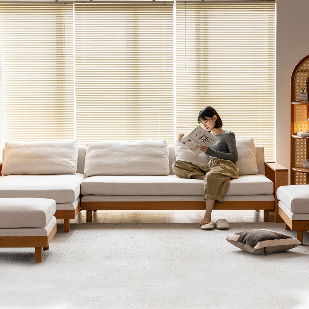 Woody Prime Cherry カスタマイズできて洗えるリネン生地スクエアウッドフレームソファ【高級天然チェリー材】