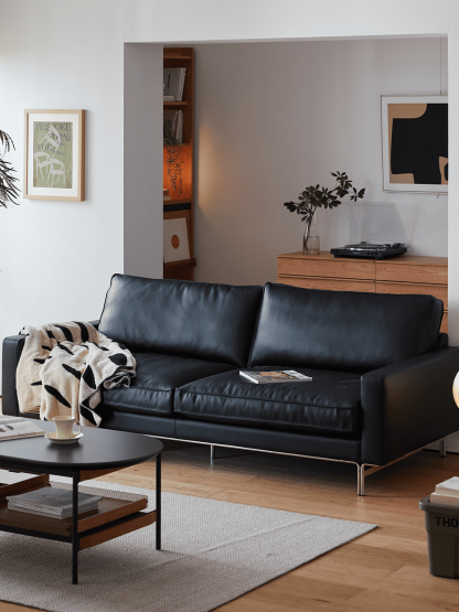 ヴィンテージ風本革ブラッククッションソファ【カスタマイズ可】