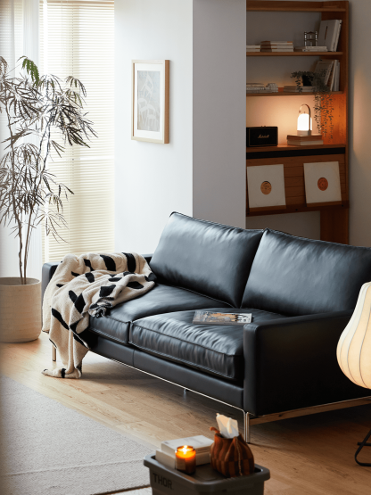 ヴィンテージ風本革ブラッククッションソファ【カスタマイズ可】