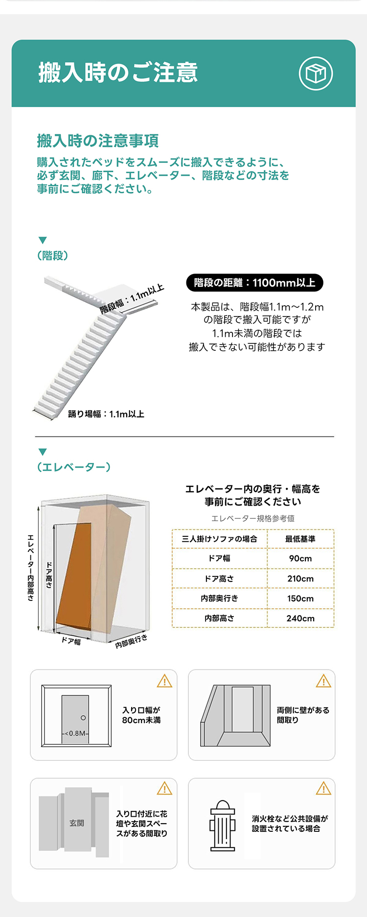 ペット対応マイクロファイバーリラックスリビングソファ | 抗菌・耐久素材を使ったペットに優しい設計搬入時のご注意搬入時の注意事項購入されたベッドをスムーズに搬入できるように、必ず玄関、廊下、エレベーター、階段などの寸法を事前にご確認ください。(階段)階段の距離：1100mm以上階段幅：1.1m以上本製品は、階段幅1.1m~1.2mの階段で搬入可能ですが1.1m未満の階段では搬入できない可能性があります踊り場幅：1.1m以上(エレベーター)エレベーター内の奥行・幅高を事前にご確認くださいエレベーター規格参考値三人掛けソファの場合最低基準エレベーター内部高さドア幅90cmドア高さドア高さ210cm内部奥行き150cm内部高さ240cmドア幅内部奥行き入りロ幅が両側に壁がある80cm未満間取り<0.8M入りロ付近に花玄閱壇や玄関スペー消火栓など公共設備がスがある間取り設置されている場合