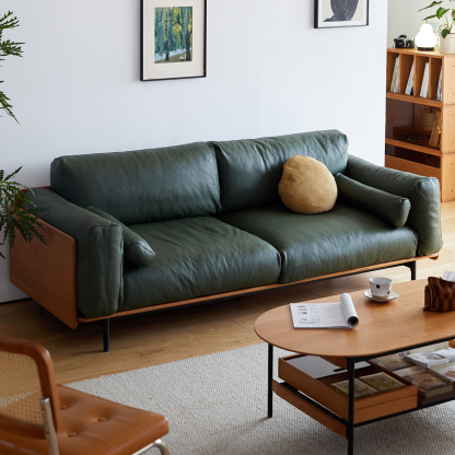 ウッドフレーム本革クッションソファ【カスタマイズ可】