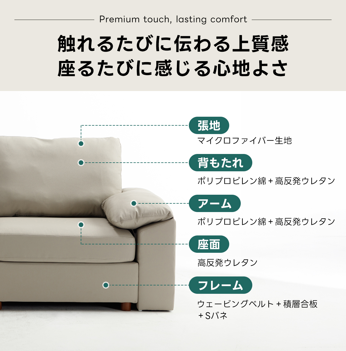 ナチュラルデザインリラックスソファ｜組み合わせ自在、取り外せる