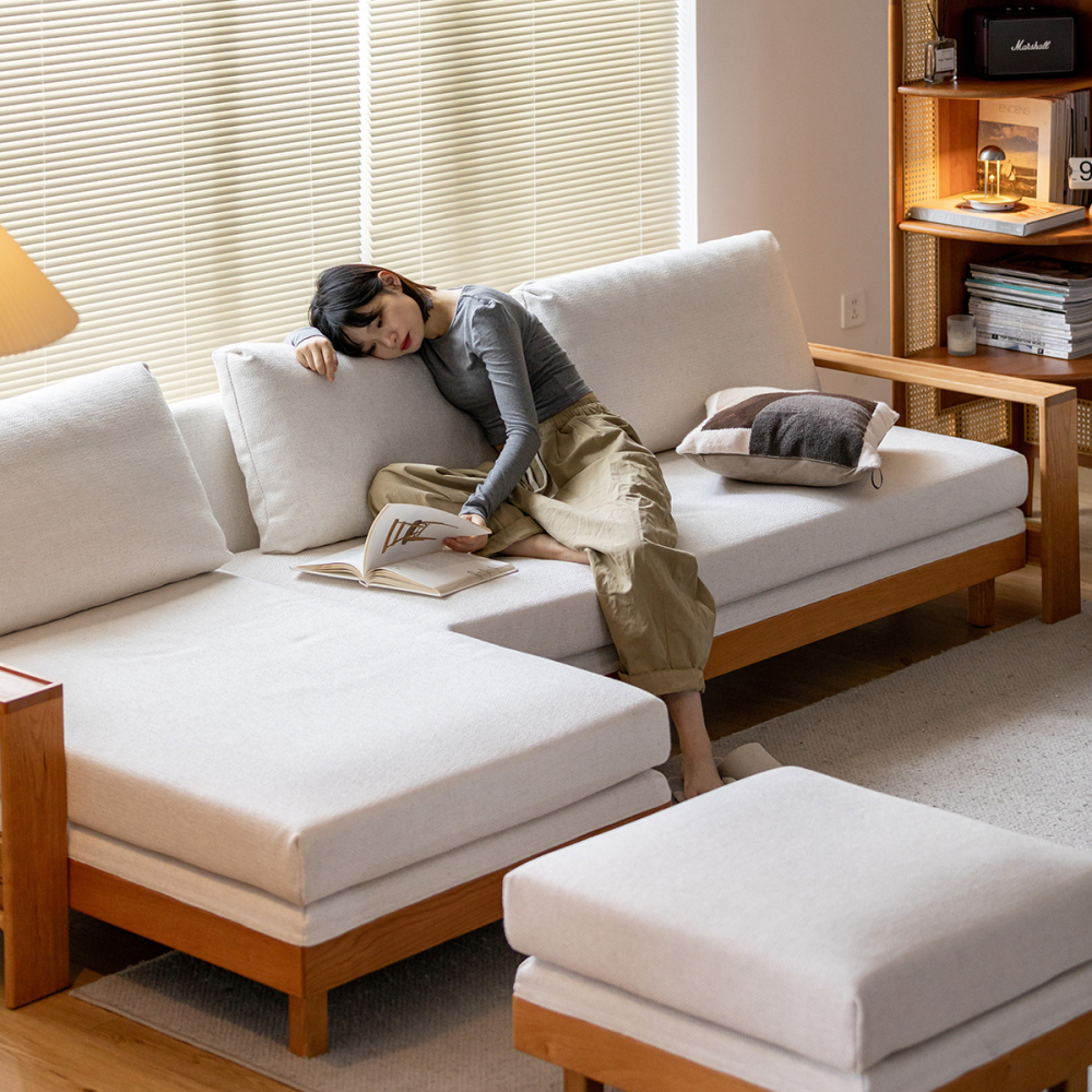 Woody Prime Cherry カスタマイズできて洗えるリネン生地スクエアウッドフレームソファ【高級天然チェリー材】