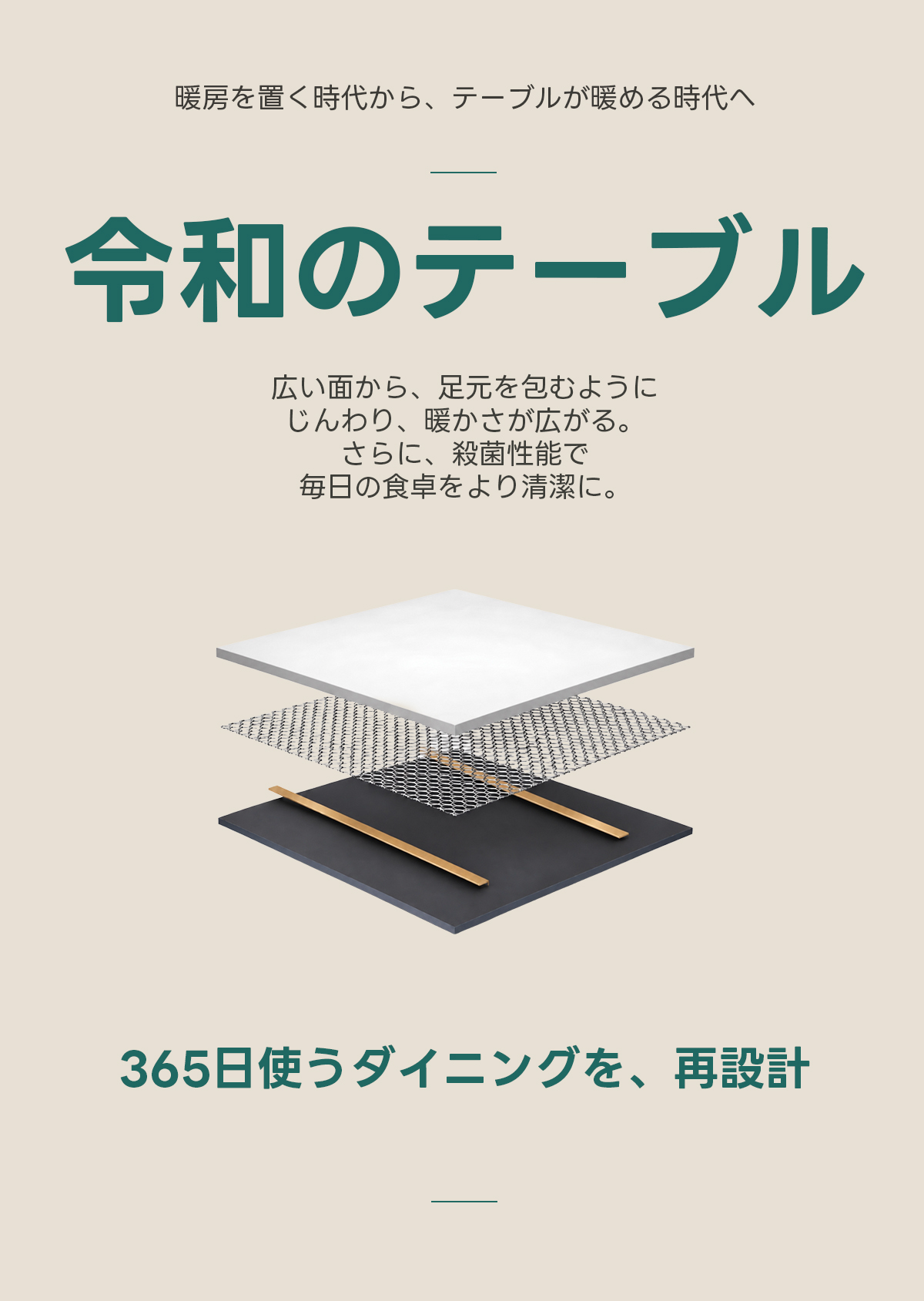 Warm Living グラフェン遠赤外線セラミックダイニングテーブル｜ムラなくじんわり温まる省エネ設計、家族で使える温度調節付き＆殺菌仕様で安心 | 寒い季節でも快適な温もりを提供暖房を置く時代から、テーブルが暖める時代へ令和のテーブル広い面から、足元を包むようにじんわり、暖かさが広がる。さらに、殺菌性能で毎日の食卓をより清潔に。365日使うダイニングを、再設計
