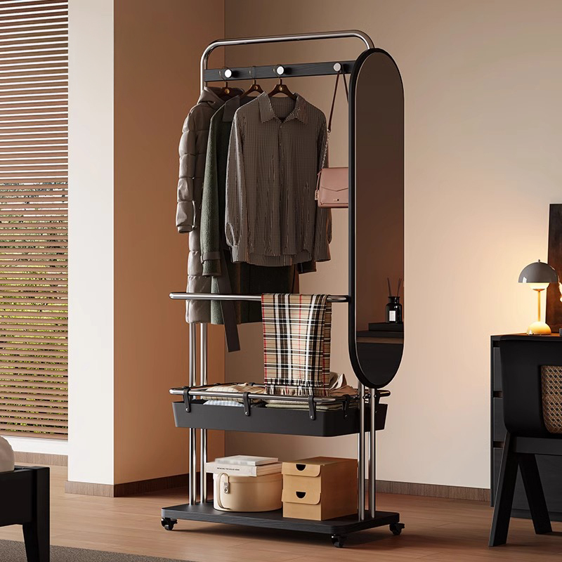 ミラー付き多機能ハンガーラック | 全身ミラー付き収納 スタイリッシュ