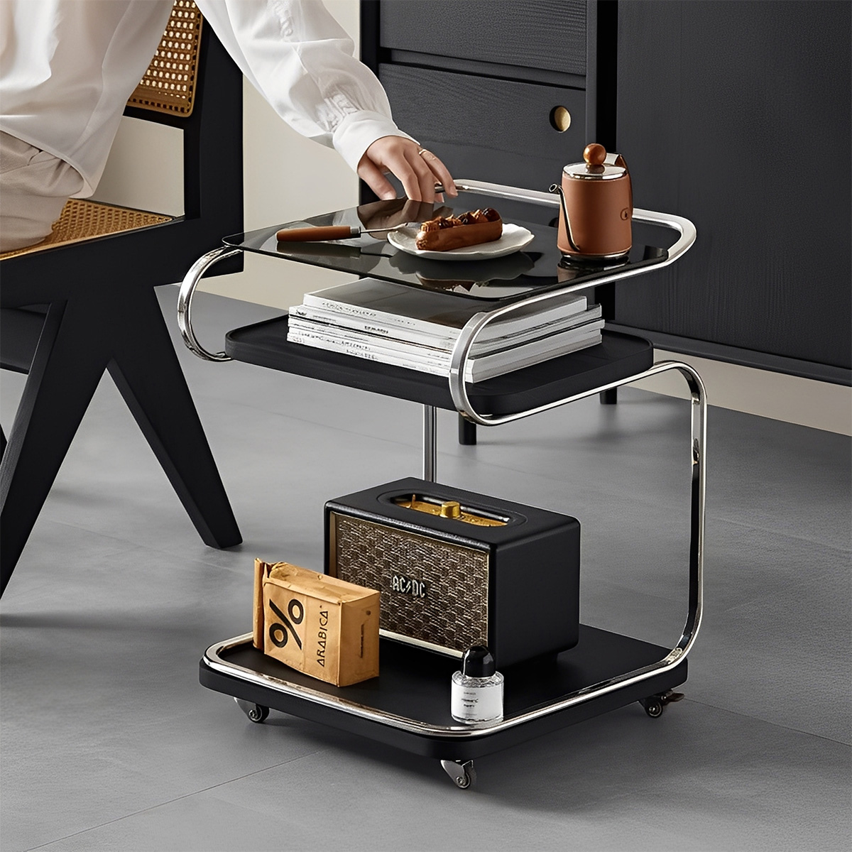 Woody Aura移動式ガラステーブル