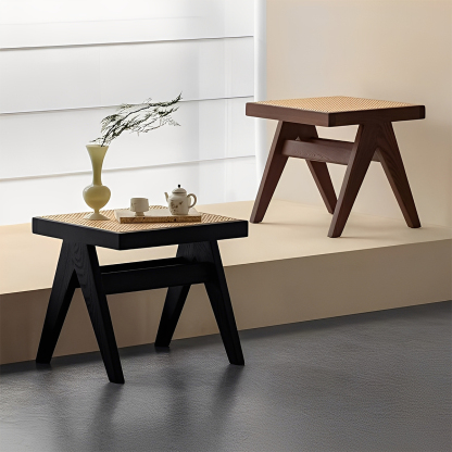 ラタンと木材の黒色スツール スツール ラタン 高さ44cm チーク 天然木 KAGOME （ ラタンスツール