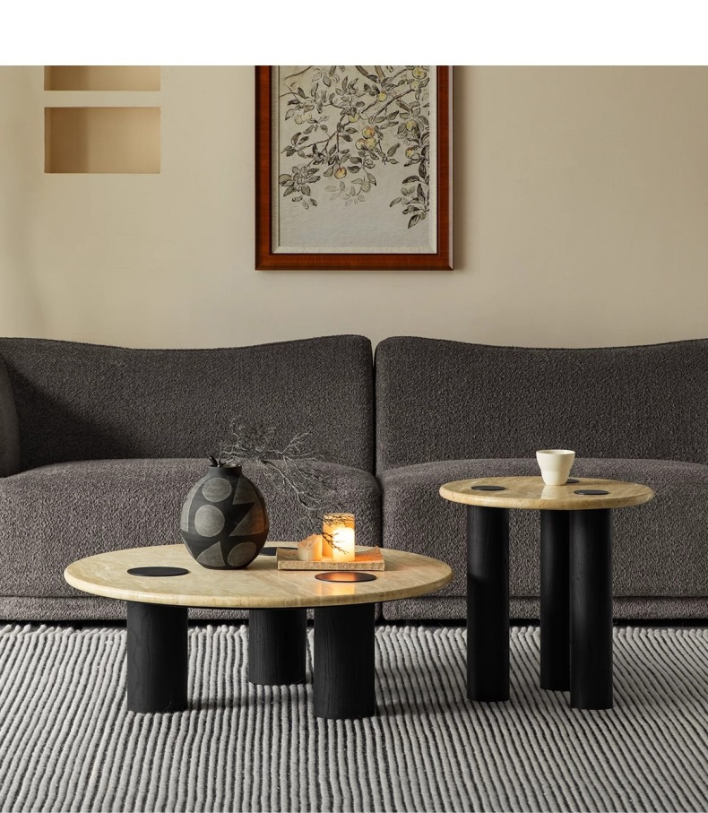 Woody Aura天然トラバーチン製コーヒーテーブル | 落ち着いた質感で