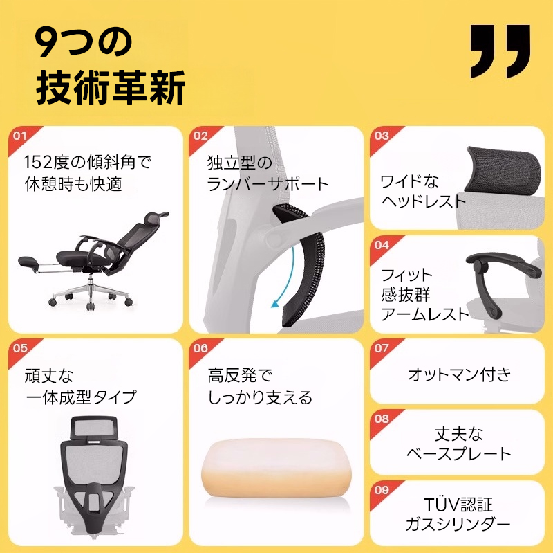 【OUTLET品】リラックスメッシュチェア｜作業も休憩も一台で完結するフルサポートオフィスチェア9つの技術革新010203152度の傾斜角で独立型の休憩時も快適ランバーサポートワイドなヘッドレスト04フィット感抜群アームレスト050607頑丈な高反発でオットマン付き一体成型タイプしっかり支える08丈夫なベースプレート09TUV認証ガスシリンダー