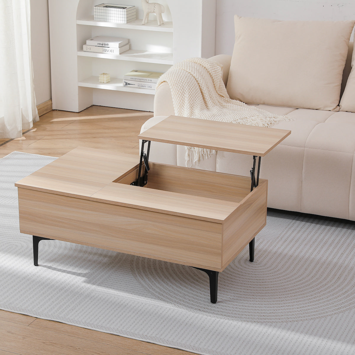 木製昇降式収納ローテーブル | 機能性とインテリア性を兼ね備えた多