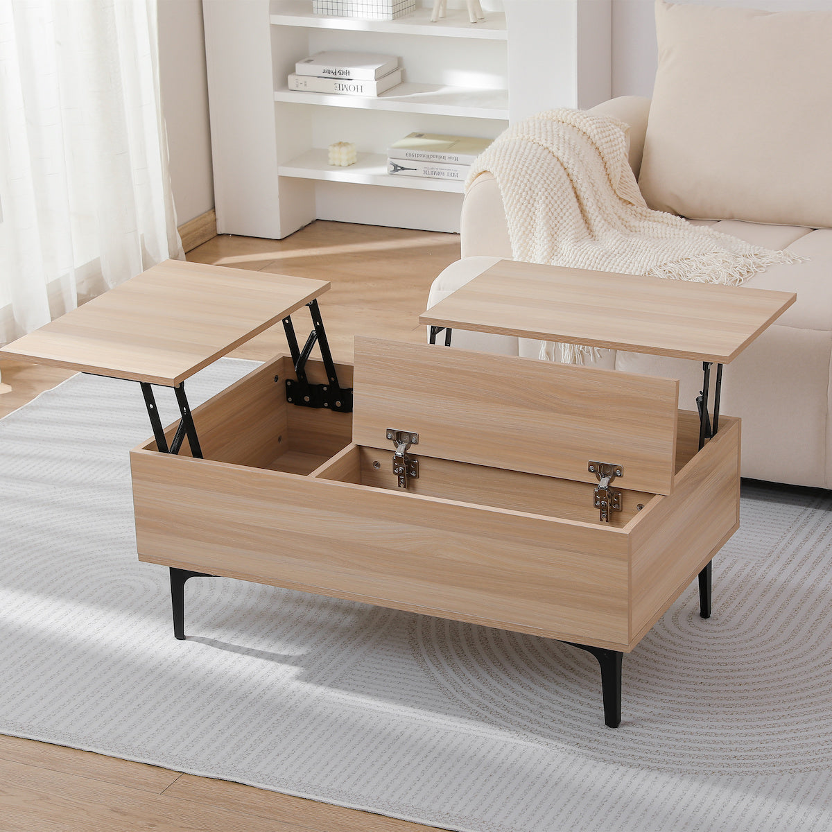 木製昇降式収納ローテーブル | 機能性とインテリア性を兼ね備え