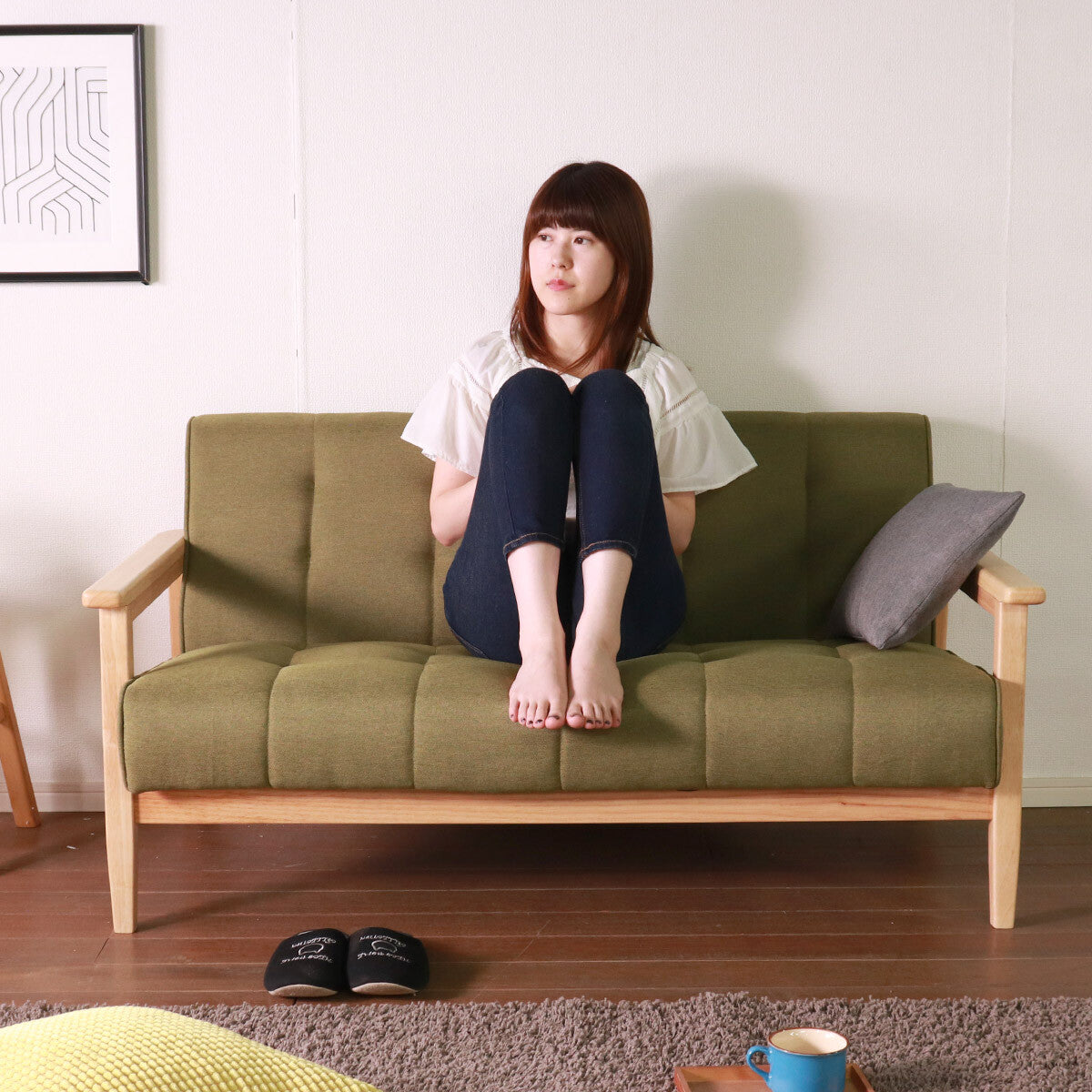 レトロモダン天然木フレーム掛けファブリック2人/3人掛けソファ