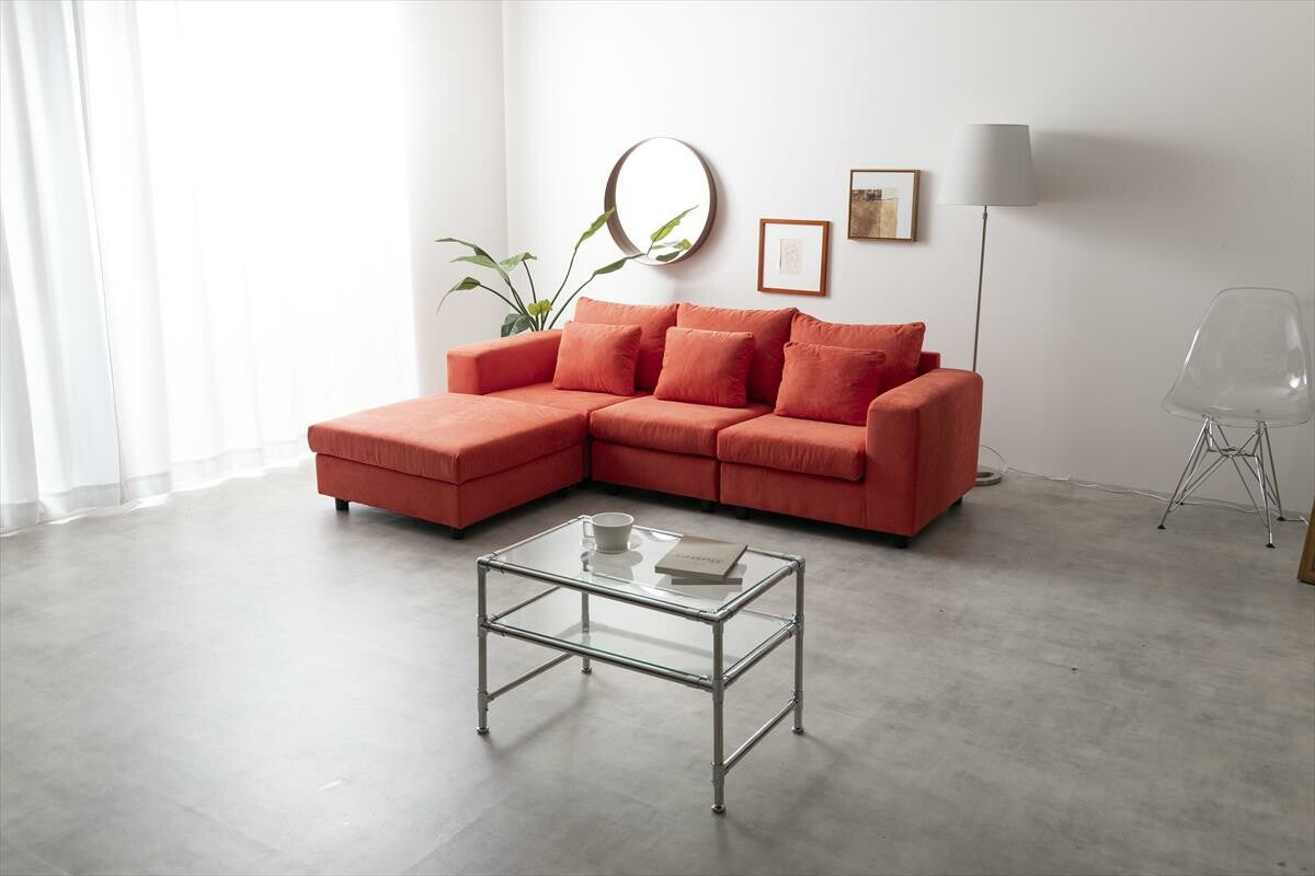 赤いカウチソファ オットマン付き