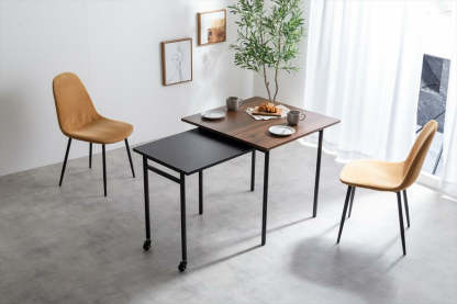 コンパクトモダンテーブル 木製 スチール脚 正方形ローテーブル 399-2978 モダンスチール脚正方形ダイニングテーブル | エクステンションで人数