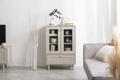 り☆　キャビネット 木製ガラスキャビネット | ゴールド取っ手が映える 高級感ある框