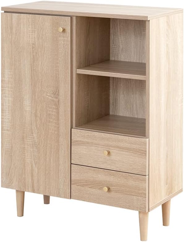 木製収納棚 引き出し2つ付き　ナチュラルウッド　作家物　キャビネット キャビネット 引き出し付き 扉収納 戸棚 可動棚 開き戸 配線穴