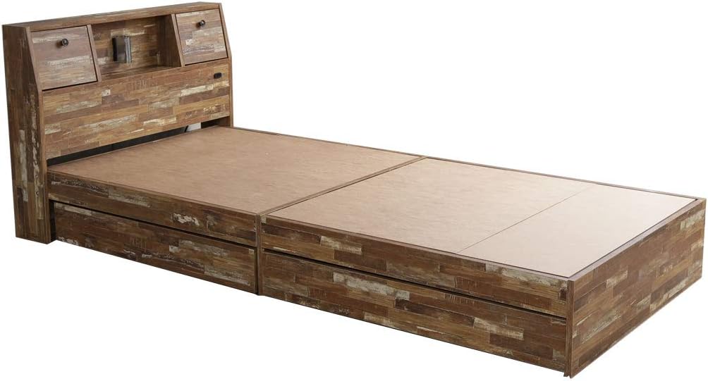 ヴィンテージ風寄木柄宮棚付きベッド | 収納力抜群の引き出し付き