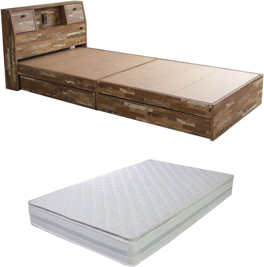 ヴィンテージ風寄木柄宮棚付きベッド | 収納力抜群の引き出し付き