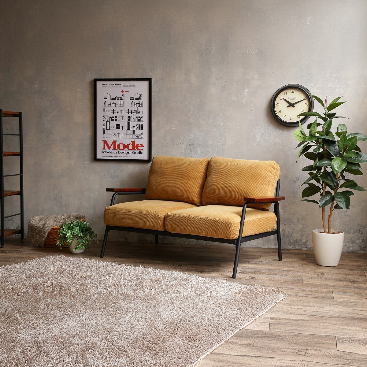 レトロモダン木肘2人掛けソファ