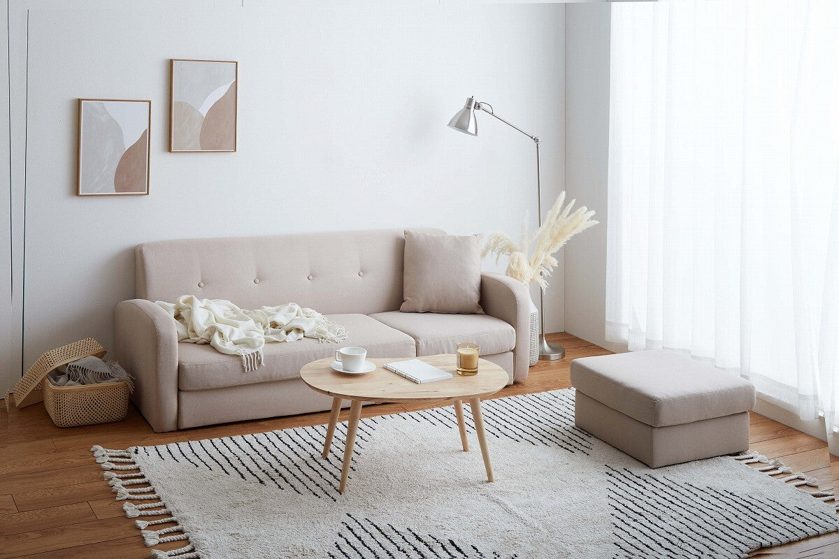 北欧モダン天然木脚3人掛けファブリックカウチソファ | 家族で