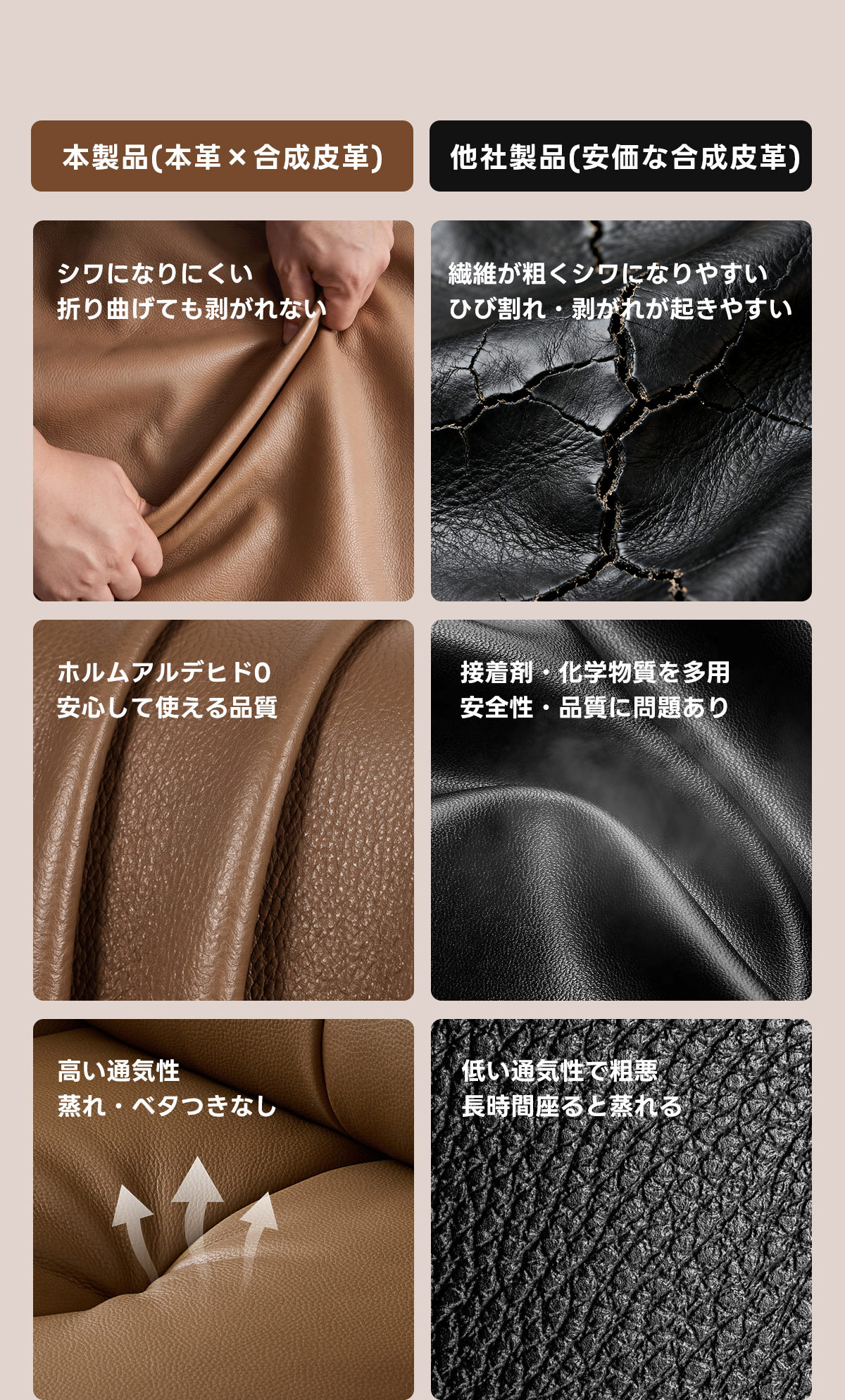 キルティングレザー電動ソファ｜リモコン操作でカウチからベッドまでシーンに合わせて切り替え自在 | 多機能リクライニングで快適な姿勢をサポート本製品（本革x合成皮他社製品（安価な合成皮革）シワになりにくい繊維が粗くシワになりやすい折り曲げても剥がれないひび割れ・剥がれが起きやすいホルムアルデヒドO接着剤化学物質を多用安心して使える品質安全性・品質に問題あり高い通気性低い通気性て相悪蒸れ・ベタつきなし長時問座るとれる