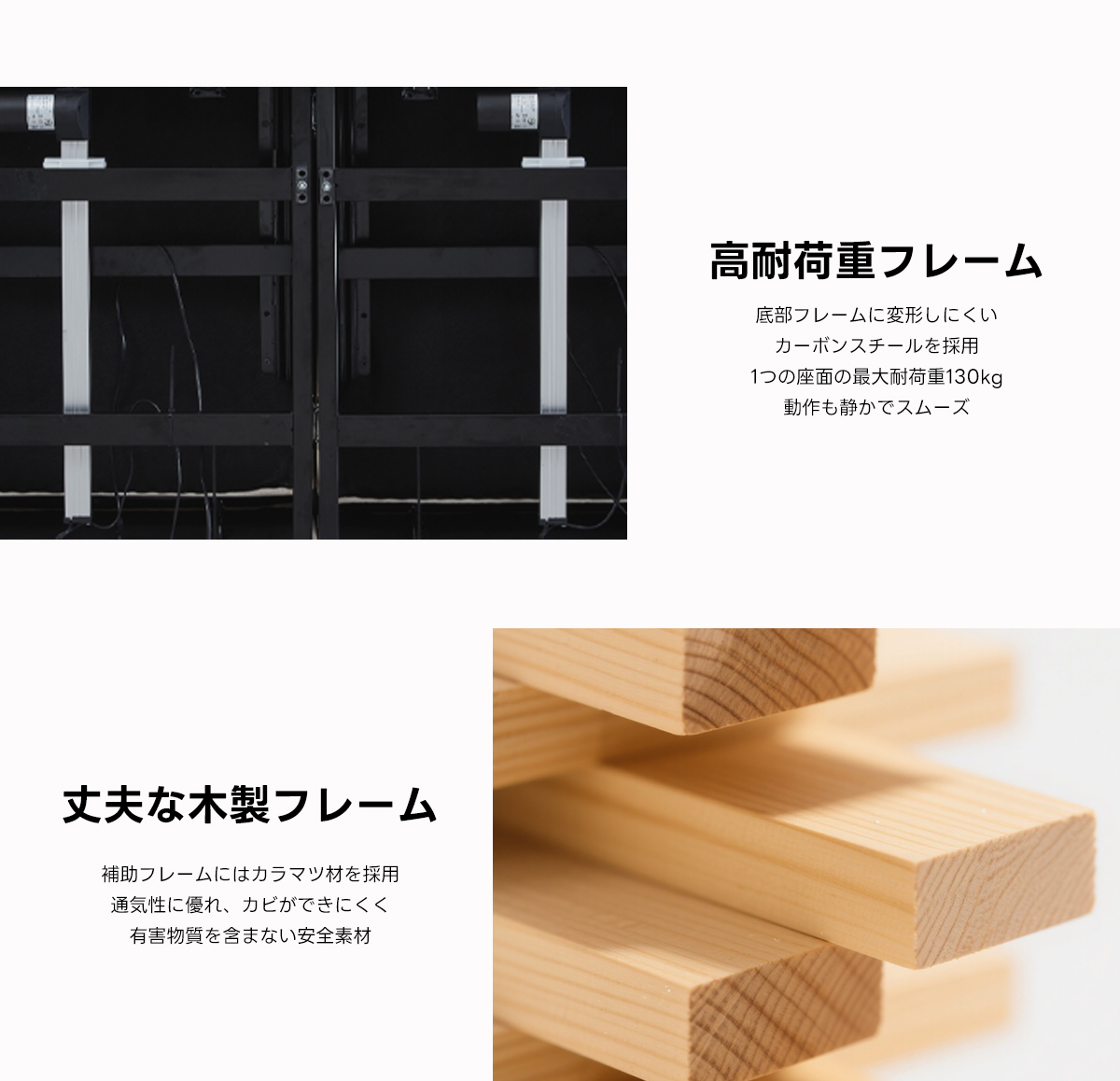 キルティングレザー電動ソファ｜リモコン操作でカウチからベッドまでシーンに合わせて切り替え自在 | 多機能リクライニングで快適な姿勢をサポート●高耐荷重フレーム底部フレームに変形しにくいカーボンスチールを採用1つの座面の最荷130kg動作も静かでスムーズ丈夫な木製フレーム補助フレームにはカラマツ材を採用通気性に優れ、カビができにくく有害物質を含まない安全素材