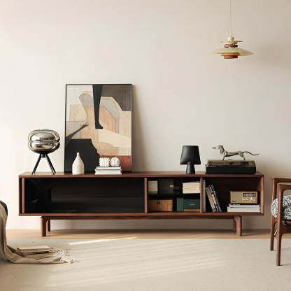 ブラックウォールナット材 スライドガラステレビボード