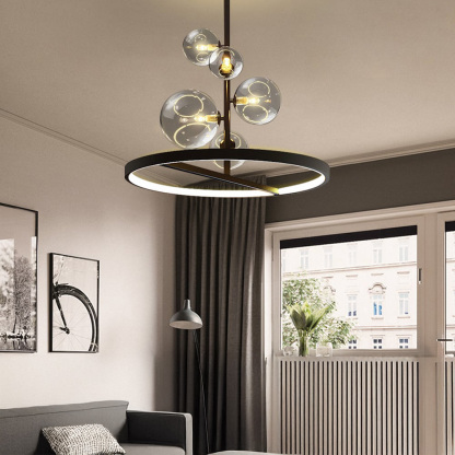 ブラックガラスシャンデリア | 透明ガラス球が引き立つアートな光の