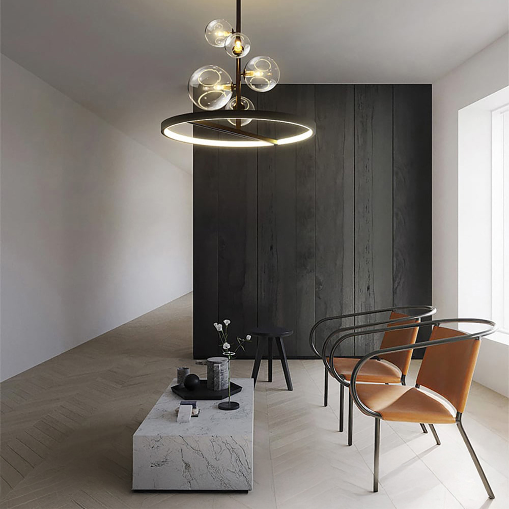 ブラックガラスシャンデリア | 透明ガラス球が引き立つアートな光の