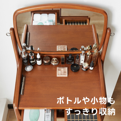 【市場】木製ドレッサー 鏡台 鏡付き コンパクト収納 天然木 北欧風 ツゲ材 天然木コンパクトドレッサー | ヴィンテージ感と実用性を