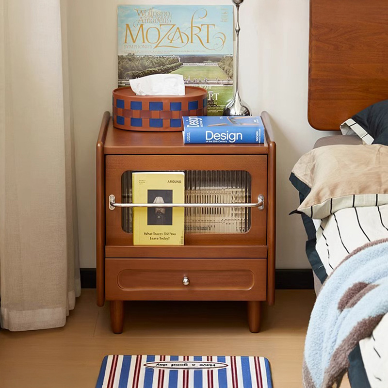 ツゲ材 リブガラスレトロ調ベッドサイドテーブル