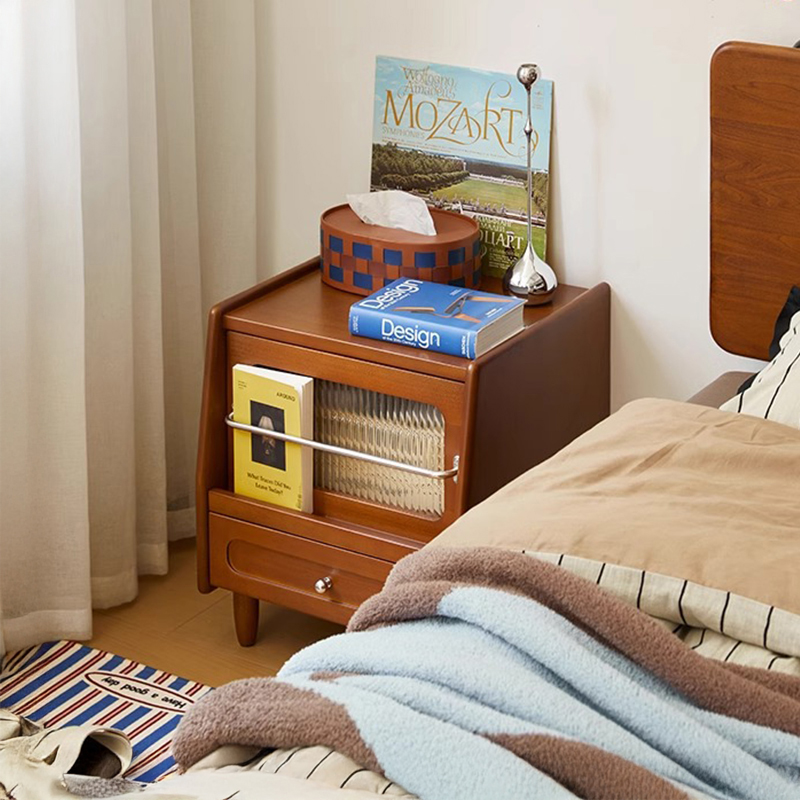 ツゲ材 リブガラスレトロ調ベッドサイドテーブル