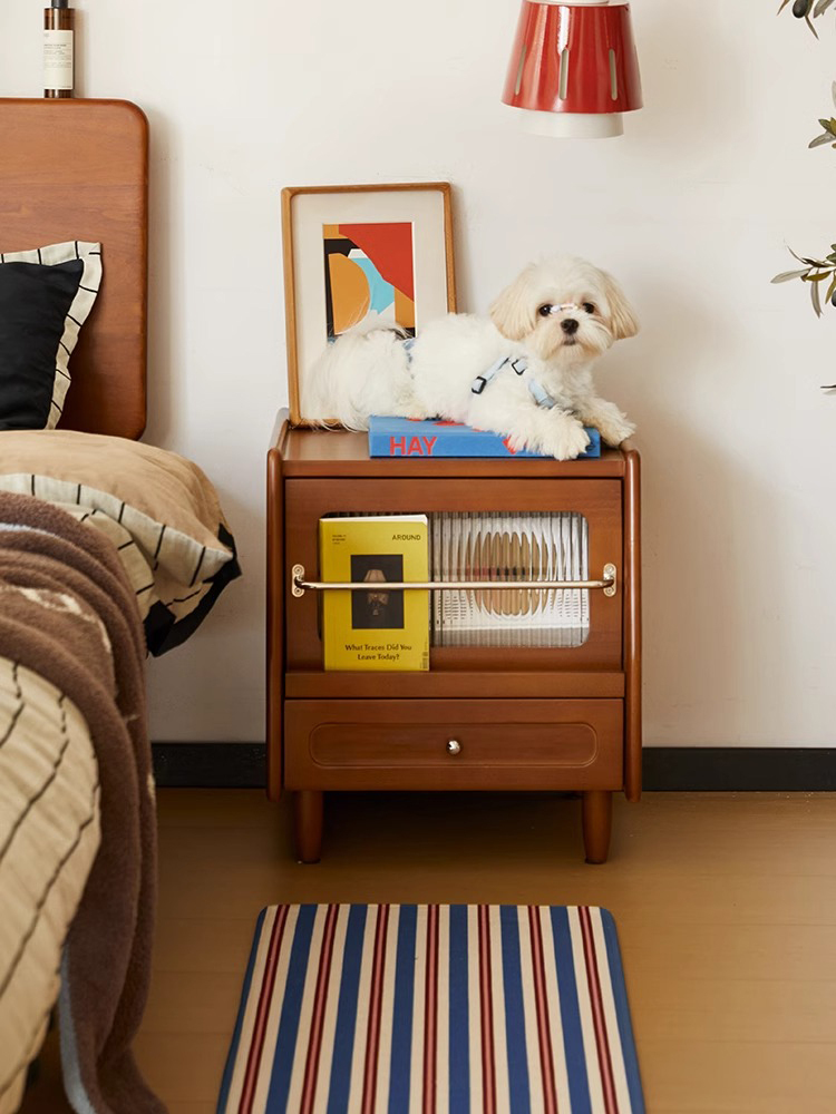 ツゲ材 リブガラスレトロ調ベッドサイドテーブル