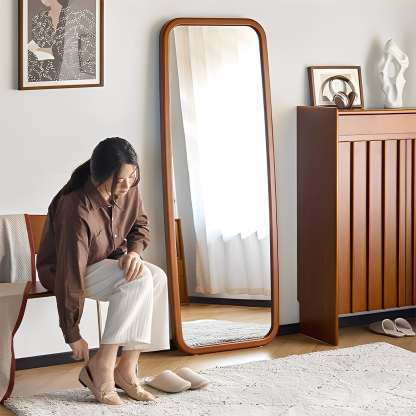 ツゲ材 天然木スタンドミラー